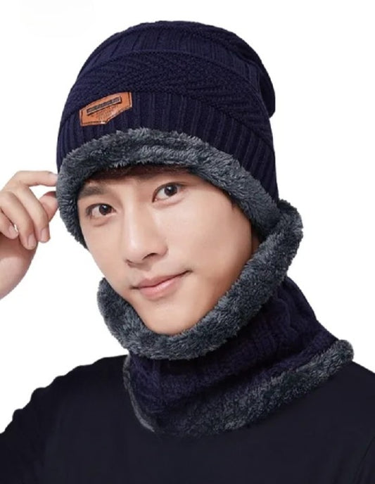 3-in-1 Winter Wool Cap with Neck Warmer & Fleece Mask | Thermal Beanie Scarf Set for Men & Women