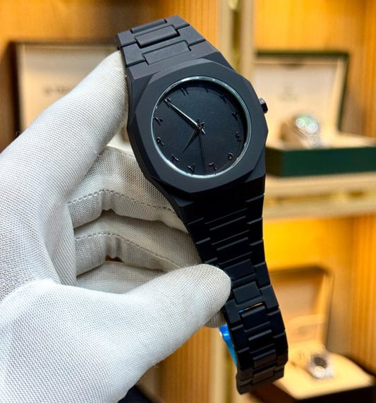 Full Black Aura Quartz Watch – Lightweight Analog Design, Premium Quality Finish, Stylish Wrist Watch For Men & Boys | Available In Full Black & Black-white (without Box)
